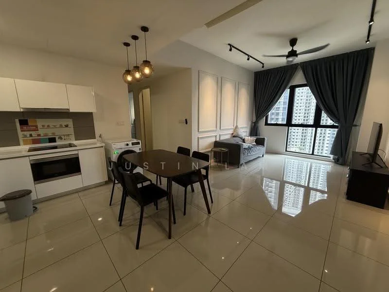 Kitchen features: white cabinetry, stainless-steel sink, built-in oven, freestanding range oven, microwave, washing machine, ceramic tile flooring, recessed downlights; style: modern. Living features: 3-seater fabric sofa in grey, coffee table, wall-mounted TV, dining table with 4 chairs, floor-to-ceiling windows, curtains, ceiling fan, polished tile flooring; style: modern; view: city.