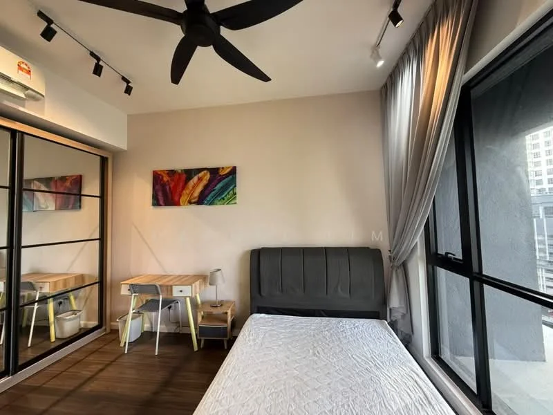 Bedroom features: king-size bed, upholstered headboard, 5-blade ceiling fan with light, floor-to-ceiling windows, sheer curtains, wooden flooring, study desk with chair, decorative artwork on wall, built-in wardrobe with mirrored doors, nightstand, table lamp; style: modern; view: city.