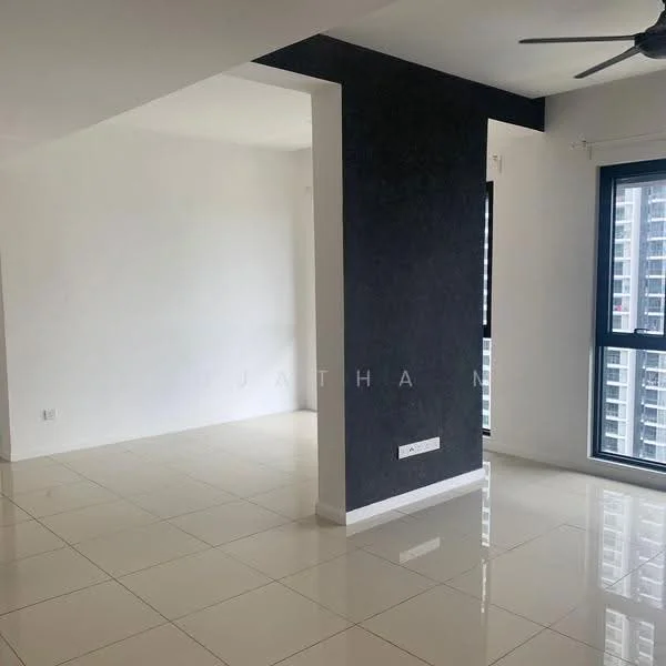 Room features: white painted walls, black accent wall, glossy tile flooring, floor-to-ceiling windows, ceiling fan, open layout, natural light, neutral color scheme; style: modern; view: city.
