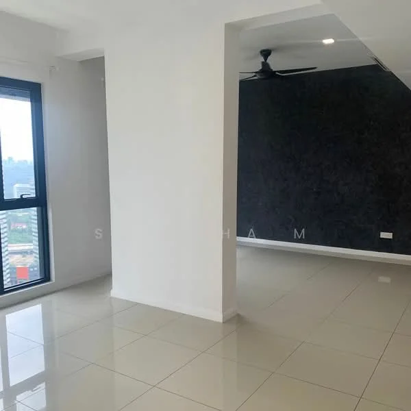 Room features: white painted walls, grey accent wall, glossy ceramic tile flooring, ceiling fan, floor-to-ceiling windows, city view, recessed downlights; style: modern; view: city.