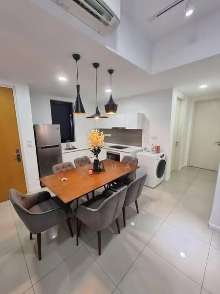 Dining features: 6-seater dining table, upholstered dining chairs in grey, pendant lighting above table, white cabinetry, stainless-steel fridge, built-in oven, washing machine, ceramic tile flooring, wall-mounted split AC, recessed downlights, grey accent wall, open-plan layout to kitchen; style: modern.