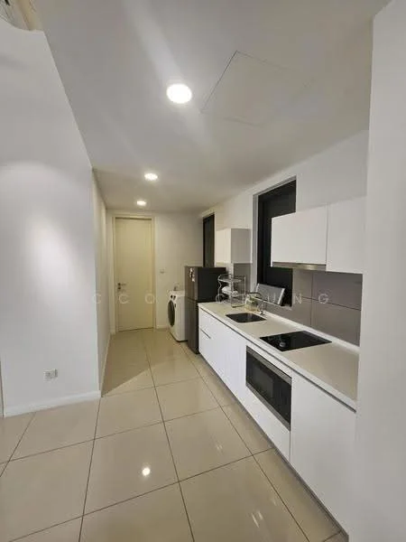 Kitchen features: white cabinetry, black countertop, stainless-steel sink, chrome pull-down faucet, built-in oven, stainless-steel microwave, stainless-steel fridge, front-load washing machine, ceramic tile flooring, recessed downlights, window with black frame, open shelving; style: modern.