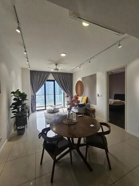 Dining features: round wooden dining table, 4 wooden dining chairs, decorative vase with flowers, pendant lighting, white walls, tile flooring, ceiling fan with light, large window with city view, curtains, potted plant; style: modern; view: city. Living features: sofa, coffee table, area rug, floor-to-ceiling windows, curtains; style: modern; view: city. Bedroom features: bed, bedside table, lamp.
