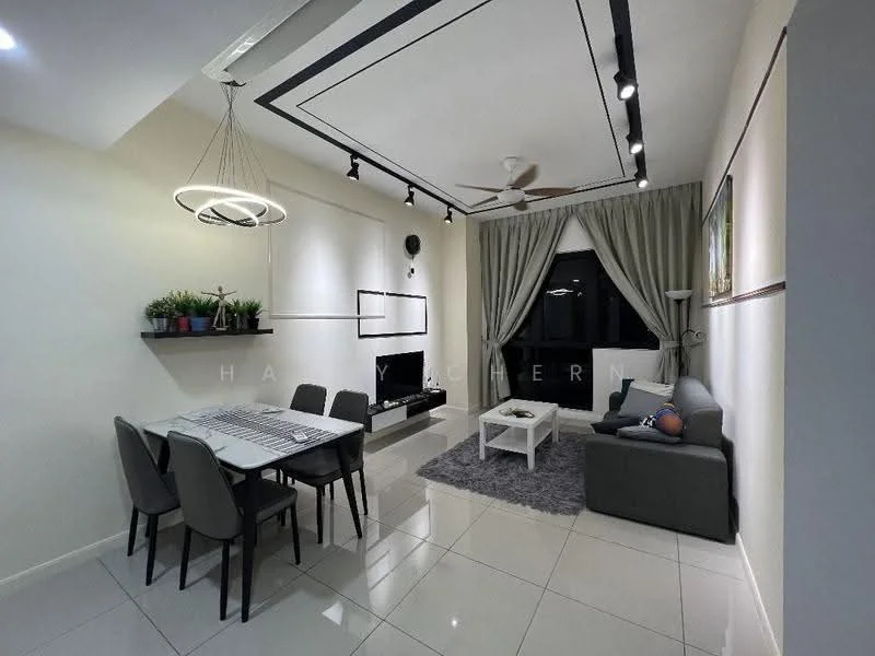Living features: white painted walls, polished ceramic tile flooring, tray ceiling with recessed lighting, 5-blade ceiling fan with light, floor-to-ceiling windows, sheer curtains, TV mounted on wall, wall-mounted shelf, decorative plants on shelf, grey area rug, coffee table, 6-seater dining table, upholstered dining chairs in grey; style: modern.