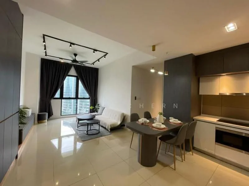 Living features: white walls, grey accent wall, tray ceiling with recessed lighting, 5-blade ceiling fan with light, floor-to-ceiling windows, blackout curtains, light-coloured sofa, round coffee table, dining table with 4 chairs, ceramic tile flooring, decorative plants, wall-mounted TV, open shelving unit; style: modern; view: city.