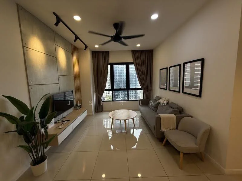 Living features: white painted walls, grey accent wall, glossy tile flooring, 5-blade ceiling fan with light, floor-to-ceiling windows, sheer curtains, sofa in light grey fabric, coffee table, TV console, wall-mounted TV, decorative wall art, area rug, indoor plant; style: modern; view: city.