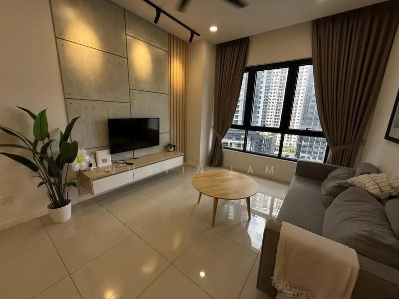 Living features: grey fabric sofa, round wooden coffee table, wall-mounted TV, white TV console, concrete accent wall, cream curtains, floor-to-ceiling windows, tile flooring, indoor plant; style: modern; view: city.