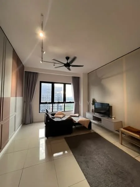 Living features: 3-seater leather sofa, coffee table, TV console, wall-mounted TV, area rug, floor-to-ceiling windows, curtains, ceiling fan with light, recessed downlights, white painted walls, glossy tile flooring; style: modern; view: city.
