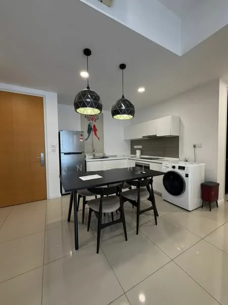 Kitchen features: white cabinetry, black dining table with four chairs, stainless-steel fridge, built-in oven, ceramic cooktop, white washing machine, grey backsplash, pendant lighting, tile flooring, sink with chrome faucet, open shelving, wall-mounted cabinets; style: modern.
