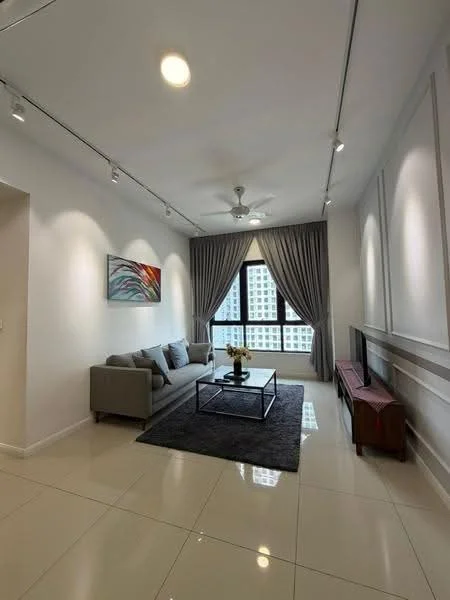 Living features: 3-seater fabric sofa in grey, coffee table, area rug in dark grey, wall-mounted TV, TV console in wood, floor-to-ceiling windows, sheer curtains, 5-blade ceiling fan with light, recessed downlights, white painted walls, glossy tile flooring; style: modern; view: city.