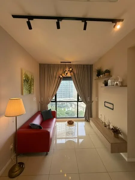 Living features: red leather sofa, white coffee table, TV console, floor-to-ceiling windows, curtains, recessed downlights, track lighting, decorative plants, wall-mounted shelf, neutral painted walls, glossy tile flooring; style: modern; view: city.
