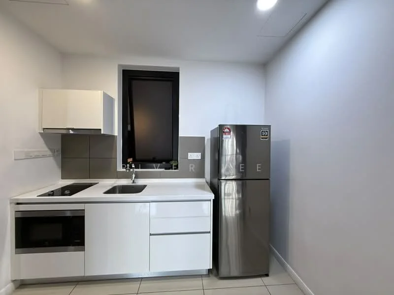 Kitchen features: white cabinetry, stainless-steel fridge, built-in microwave, ceramic cooktop, single-bowl stainless-steel sink, chrome pull-down faucet, grey tile backsplash, white countertop, wall-mounted cabinets, floor tiles, window with black frame; style: modern.