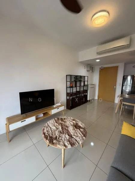 Living features: grey fabric sofa, round coffee table with marble top, TV console in white and wood, wall-mounted TV, open shelving unit, recessed ceiling lights, wall-mounted split AC, large window, tile flooring, neutral painted walls; style: modern.