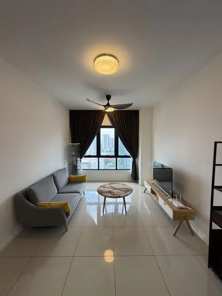 Living features: grey fabric 3-seater sofa, yellow accent cushions, round coffee table with wooden top, TV console in light wood, wall-mounted flat-screen TV, floor-to-ceiling windows, dark brown curtains, ceiling fan with light, glossy white tile flooring, decorative shelving unit; style: modern; view: city.