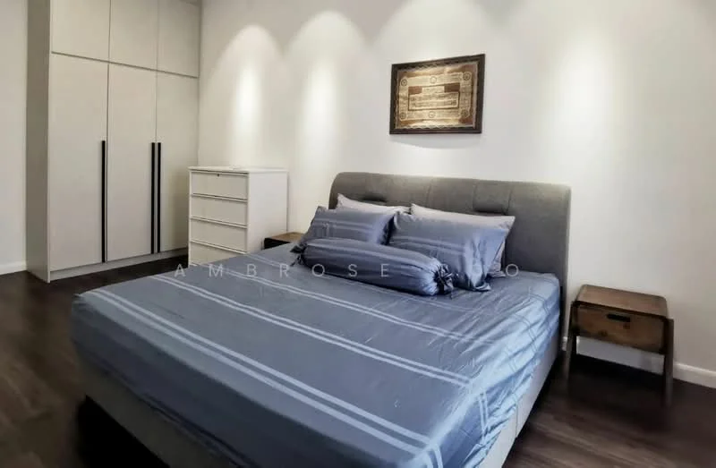 Bedroom features: queen-size bed with grey upholstered headboard, blue bed linens, two bedside tables, one wooden bedside table, one white dresser with drawers, built-in wardrobe with sliding doors, wooden flooring, decorative wall art, recessed lighting; style: modern.