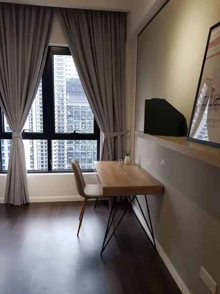 Study features: wooden desk, metal legs on desk, upholstered chair, floor-to-ceiling windows, grey curtains, wooden wall shelf, decorative wall art, dark wood flooring; style: modern; view: city.