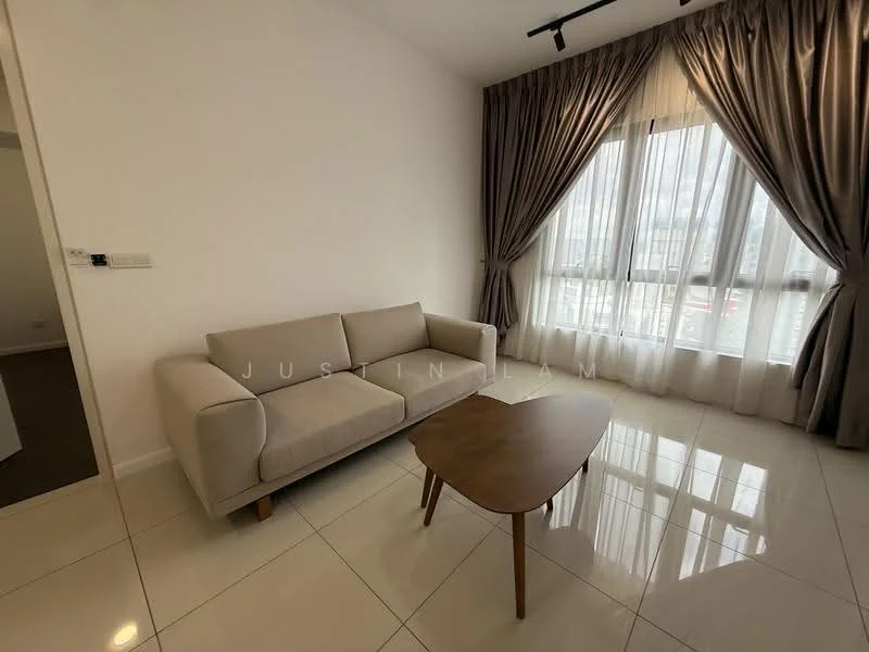 Living features: 3-seater fabric sofa in beige, wooden coffee table, floor-to-ceiling windows, sheer curtains, grey accent wall, glossy tile flooring, recessed downlights, neutral painted walls; style: modern; view: city.