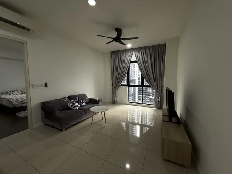 Living features: grey fabric sofa, round white coffee table, wall-mounted TV, light wood TV console, floor-to-ceiling windows, grey curtains, recessed downlights, polished tile flooring, 1 ceiling fan; style: modern; view: city.