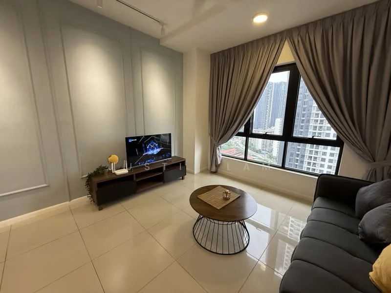 Living features: grey fabric sofa, round coffee table with metal base, wall-mounted TV, TV console, floor-to-ceiling windows, sheer curtains, grey painted walls with paneling, glossy tile flooring, decorative wall light; style: modern; view: city.
