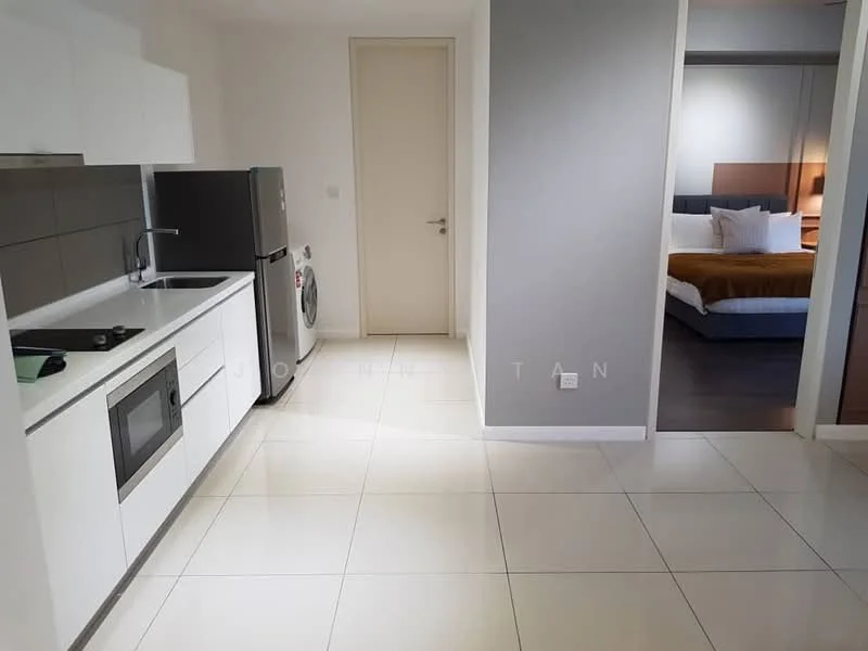 Kitchen features: white cabinetry, grey tile backsplash, stainless-steel sink, built-in microwave, freestanding washing machine, stainless-steel fridge, 4-burner gas hob, built-in oven, white quartz countertop, ceramic tile flooring, recessed downlights; style: modern. Room features: double bed with brown bedding, nightstand with lamp, wall-mounted artwork, carpeted flooring.