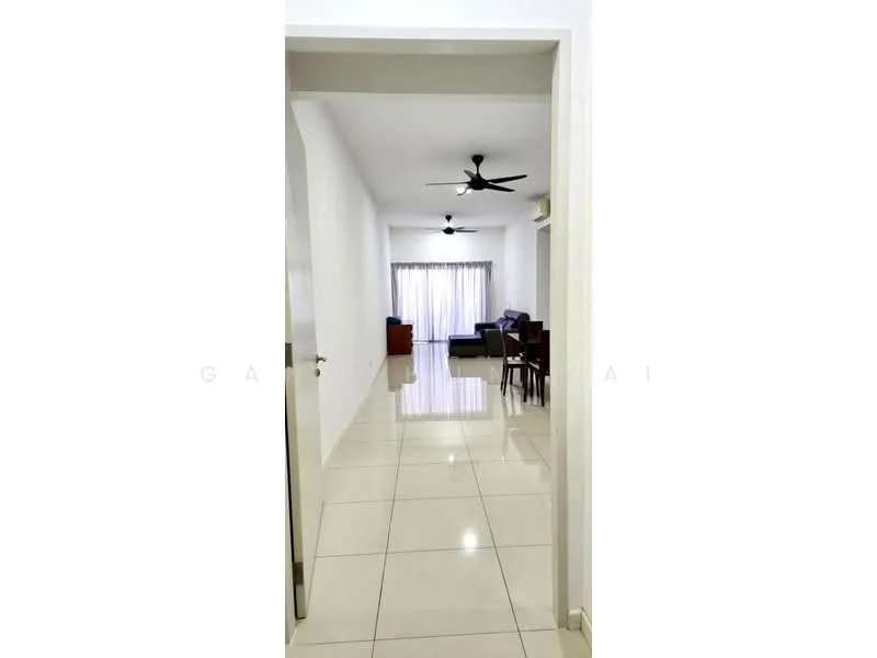 Living features: white painted walls, glossy ceramic tile flooring, ceiling fan, large windows with sheer curtains, sofa, dining table with chairs, TV console, area rug; style: modern.