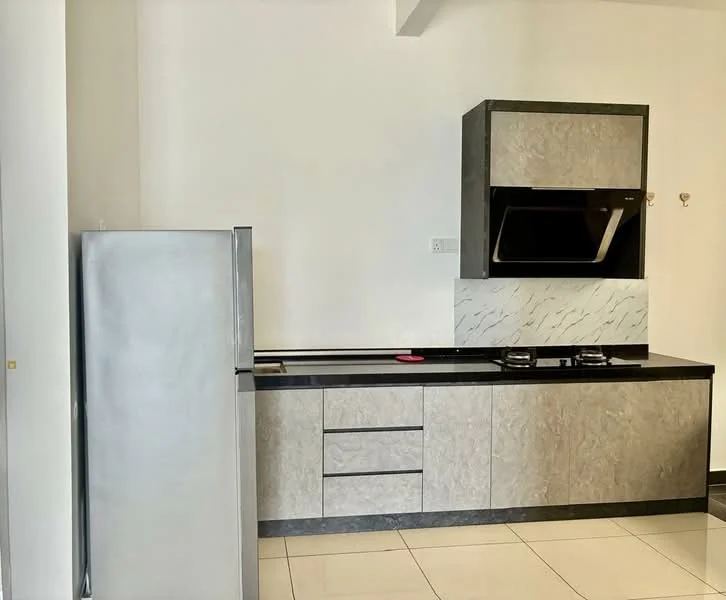 Kitchen features: stainless-steel fridge, black countertop, grey cabinetry, built-in oven, 2-burner gas hob, white marble backsplash, wall-mounted range hood, ceramic tile flooring, recessed lighting; style: modern.
