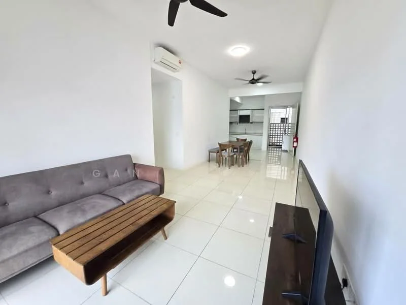 Living features: 3-seater fabric sofa in grey, wooden coffee table, wall-mounted TV, floor-to-ceiling windows, white painted walls, glossy ceramic tile flooring, 2-blade ceiling fan, air conditioning unit, dining table with 4 chairs, open layout to kitchen, recessed ceiling lights; style: modern.
