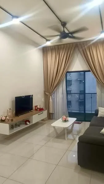 Living features: 3-seater fabric sofa in grey, white coffee table, TV console with decorative items, wall-mounted TV, floor-to-ceiling windows, sheer curtains, recessed downlights, ceiling fan, glossy tile flooring, decorative flowers on table, balcony view; style: modern; view: city.