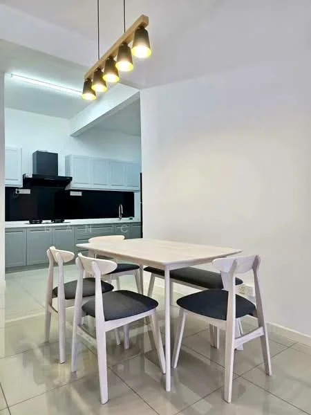 Dining features: white dining table, 4 white wooden dining chairs with grey cushions, pendant lighting with 4 bulbs, glossy tile flooring, white painted walls, open layout to kitchen, kitchen cabinetry visible in background, black backsplash in kitchen area; style: modern.