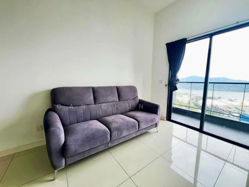 Living features: grey fabric 3-seater sofa, floor-to-ceiling windows, sliding glass door, white painted walls, glossy tile flooring, curtains, mountain view, natural light; style: modern; view: mountain.