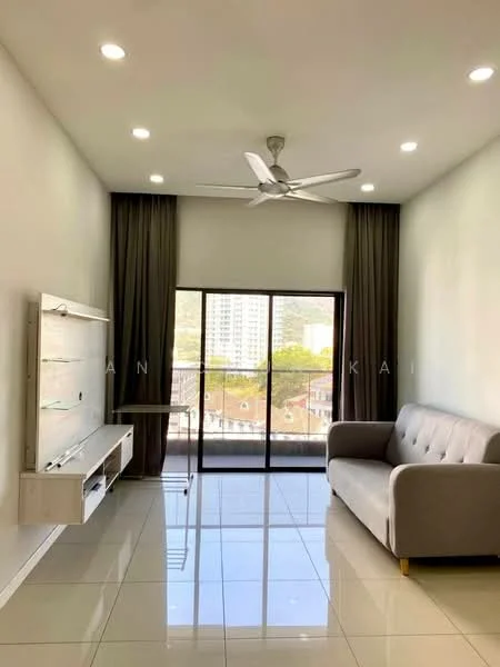 Living features: grey fabric 3-seater sofa, white wall-mounted TV console, floor-to-ceiling windows, sliding glass door, curtains, 5-blade ceiling fan with light, recessed LED downlights, glossy tile flooring, neutral painted walls; style: modern; view: city.