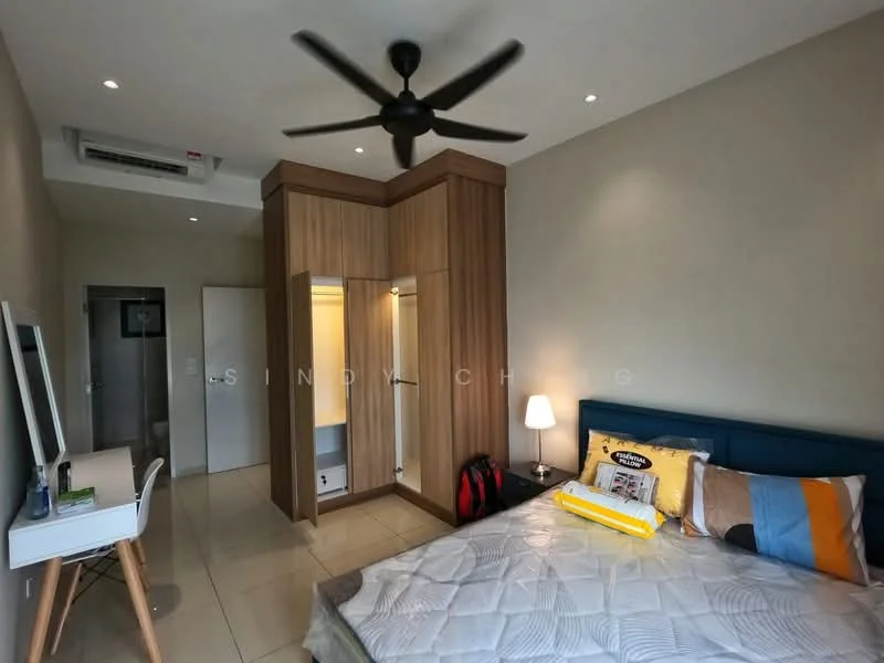 Bedroom features: king-size bed with blue upholstered headboard, white bedding with patterned throw pillows, built-in wardrobe with wood finish, floor-to-ceiling mirror on wardrobe, study desk with wooden legs, white desk lamp, ceiling fan with light, wall-mounted air conditioning unit, tiled flooring, decorative wall art, nightstand with lamp, backpack on the floor; style: modern.