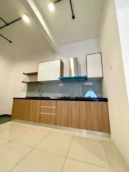 Kitchen features: black granite countertop, wood cabinetry with light wood finish, white upper cabinets, glass backsplash, stainless-steel sink, chrome pull-down faucet, built-in stove with blue range hood, open shelving, tile flooring, exposed ceiling beams, recessed downlights; style: modern.