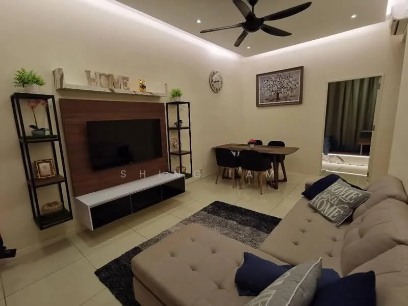 Living features: 3-seater fabric sofa in beige, coffee table, wall-mounted TV, TV console in white, decorative wall shelf, framed artwork on wall, clock on wall, area rug with geometric pattern, ceiling fan with light, recessed downlights, neutral painted walls, tile flooring; style: modern.