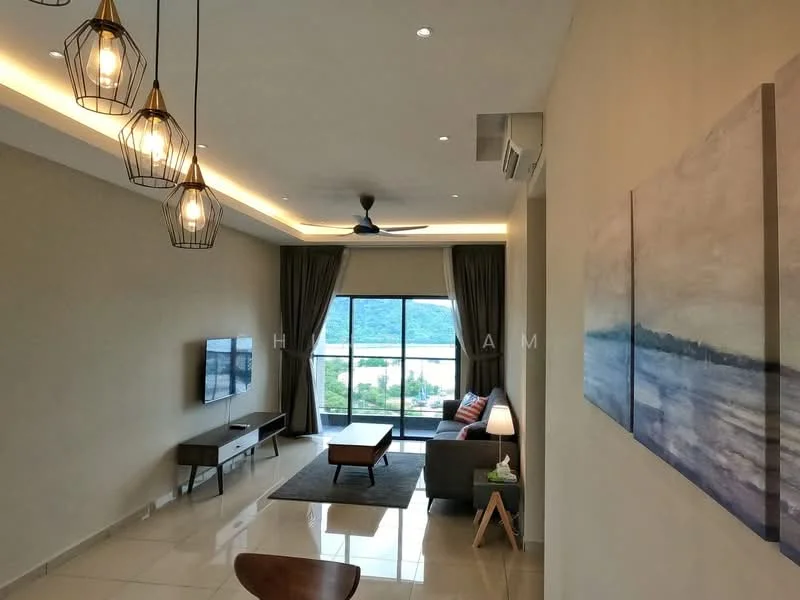 Living features: floor-to-ceiling windows, sliding glass door, grey painted walls, recessed downlights, 5-blade ceiling fan, pendant lights, marble tile flooring, sofa in grey, wood coffee table, TV console, wall-mounted TV, decorative artwork, curtains, area rug; style: modern; view: mountain.
