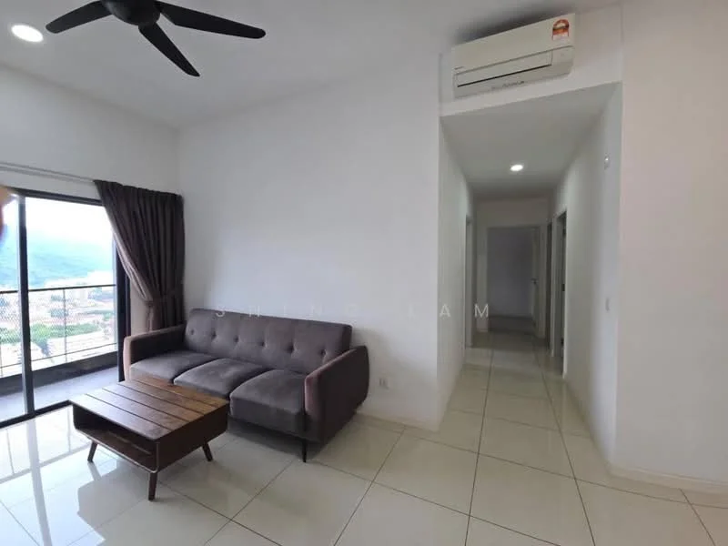 Living features: 3-seater fabric sofa in grey, wood coffee table, floor-to-ceiling windows, sliding glass door, white painted walls, glossy tile flooring, ceiling fan, wall-mounted split AC, curtains, recessed downlights; style: modern; view: city. Hallway features: white painted walls, glossy tile flooring, recessed downlights, doorway to bedrooms and bathroom; style: modern.