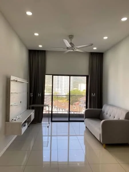 Living features: grey fabric 3-seater sofa, wall-mounted TV console, floor-to-ceiling windows, sliding glass door, sheer curtains, 5-blade ceiling fan with light, recessed LED downlights, glossy white tile flooring, neutral painted walls, decorative wall with shelving; style: modern; view: city.