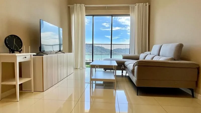 Living features: light grey fabric sectional sofa, white coffee table, white TV console, wall-mounted flat-screen TV, floor-to-ceiling windows, sheer curtains, glossy tile flooring, decorative wall clock; style: modern; view: mountain.