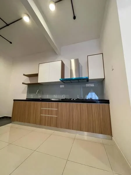 Kitchen features: black granite countertop, wood cabinetry with white upper cabinets, stainless-steel range hood, built-in gas hob, glass backsplash, open shelving, white walls, tile flooring; style: modern.
