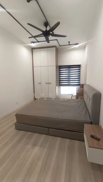Bedroom features: queen-size bed, upholstered headboard, 2 bedside tables, wall-mounted TV, built-in wardrobe with sliding doors, floor-to-ceiling window with black roller blinds, ceiling fan with light, laminate flooring, white painted walls, decorative wall paneling; style: modern.