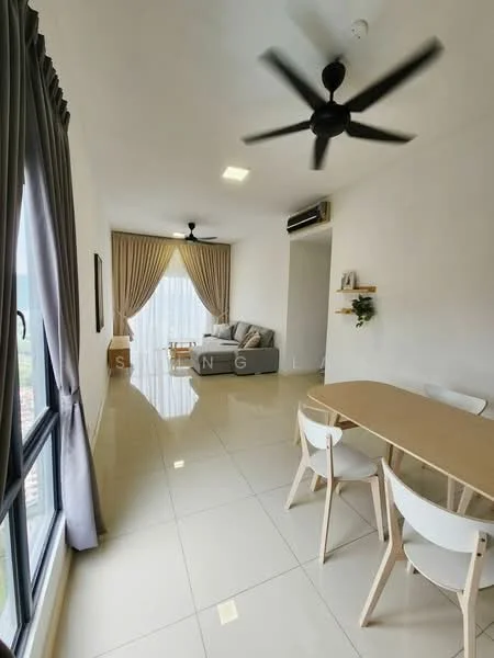 Living features: floor-to-ceiling windows, grey fabric sofa, 3-blade ceiling fan, light-colored dining table, white dining chairs, curtains in light grey, cream painted walls, glossy tile flooring, wall-mounted shelf, air conditioning unit; style: modern; view: city.