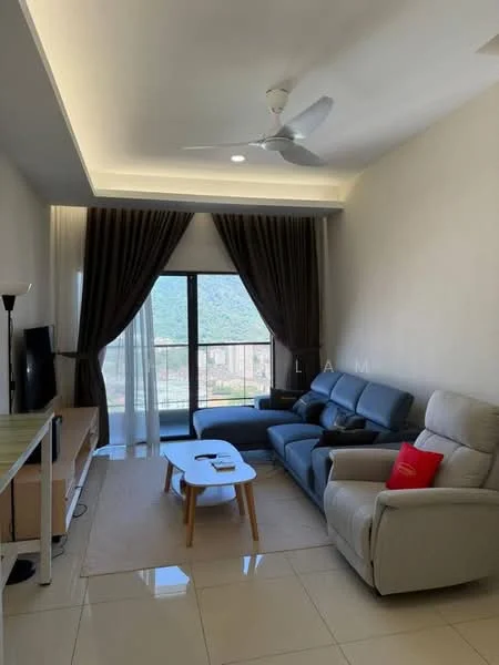 Living features: 3-seater fabric sofa in grey, recliner chair in light grey, coffee table with wooden legs, TV console in light wood, wall-mounted TV, floor-to-ceiling windows, sheer curtains, dark brown curtains, ceiling fan with light, area rug in beige, decorative pillow in red, light-colored walls, tile flooring, recessed lighting; style: modern; view: mountain.