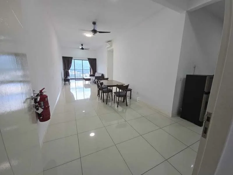 Dining features: white painted walls, glossy ceramic tile flooring, 5-blade ceiling fan, large windows with city view, dining table with 6 chairs, refrigerator, fire extinguisher on wall, curtains, air conditioning unit; style: modern; view: city.
