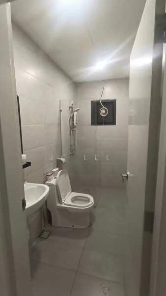 Bathroom features: white tiled walls, grey tiled flooring, single-sink vanity with white cabinet, chrome basin mixer faucet, toilet, shower area with handheld shower, exhaust fan, window for natural light; style: modern.