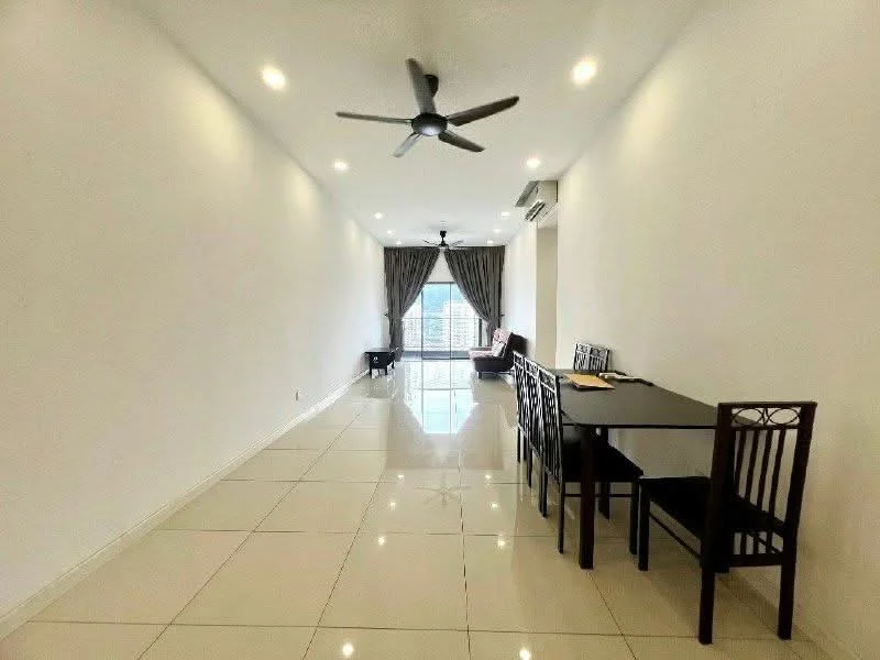 Living features: white painted walls, glossy ceramic tile flooring, 5-blade ceiling fan with light, floor-to-ceiling windows, sliding glass door, sheer curtains, dining table with 4 chairs, sofa, air conditioning unit, decorative wall clock; style: modern; view: city.