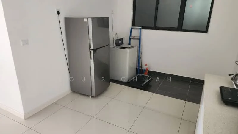 Kitchen features: stainless-steel fridge, top-load washing machine, white walls, black tiled flooring, white countertop, single-basin sink, kitchen ladder, window with black frame; style: modern.