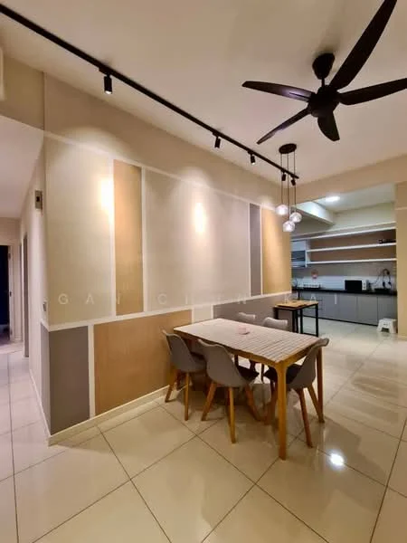 Dining features: dining table with white top, 4 grey upholstered dining chairs, pendant lighting with multiple bulbs, cream painted walls, wood panel accent wall, recessed lighting, glossy tile flooring, ceiling fan with 3 blades; style: modern. Kitchen features: open kitchen layout, grey cabinetry, white countertop, built-in shelves, stainless-steel appliances, tile backsplash; style: modern.