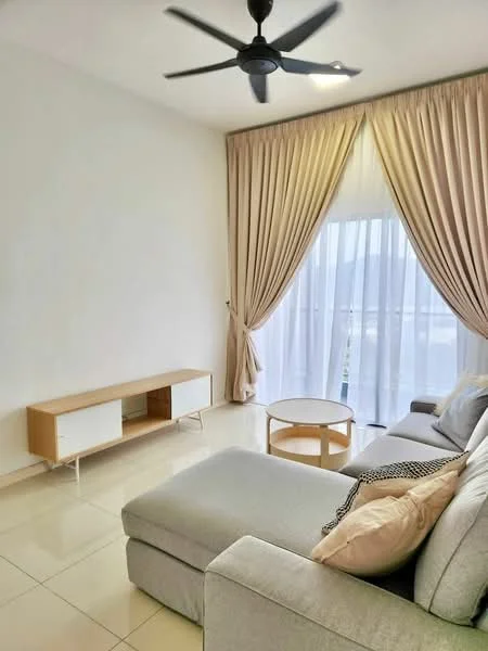 Living features: light grey sectional sofa, round coffee table with wooden legs, white TV console, floor-to-ceiling windows, sheer curtains, drapes in beige, ceiling fan with light, glossy tile flooring, decorative cushions; style: modern; view: city.