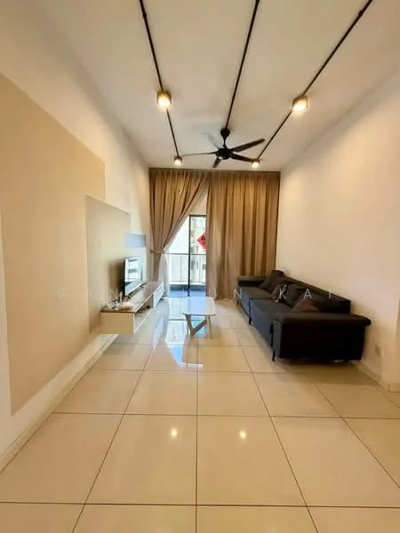 Living features: white painted walls, cream accent wall, polished ceramic tile flooring, 5-blade ceiling fan with light, sofa in dark grey, coffee table, TV console, floor-to-ceiling windows, sheer curtains, natural light from balcony, decorative wall panel; style: modern.