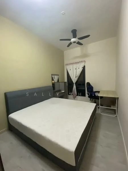 Bedroom features: queen-size bed, upholstered headboard, wooden flooring, ceiling fan, window with sheer curtains, study desk, chair, decorative mirror; style: modern.